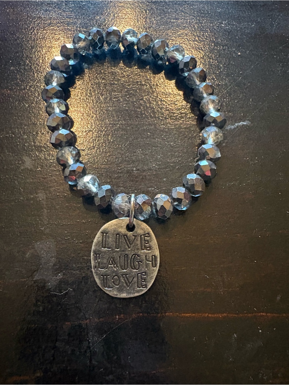 Live Laugh Love Faceted Bead Stretch Bracelet - Gunmetal